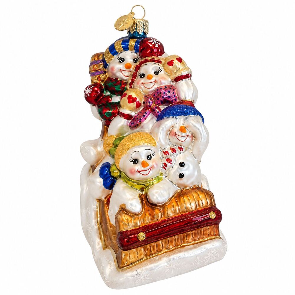 Vintage Christopher Radko Family Outing 2001 Snowman Sled Glass Ornament Poland